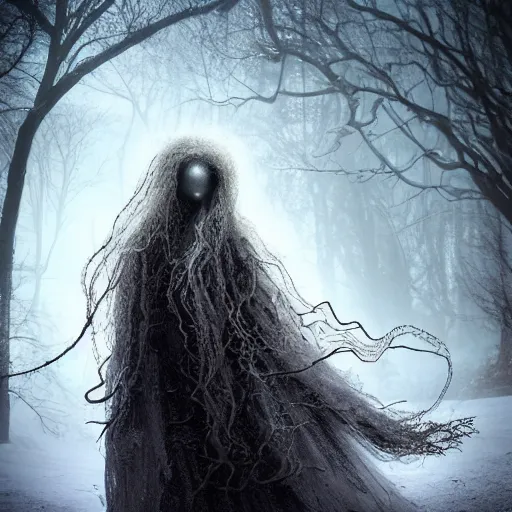 Prompt: an ethereal dream like fantasy fluffy ghost like spooky live action muppet wraith like figure with a squid like parasite latched as its head and four long tentacles for arms that flow gracefully at its sides like a cloak while it floats around a frozen rocky tundra in the snow searching for lost souls and that hides amongst the shadows in the trees, this character has cryokinesis and electrokinesis and is a real muppet by sesame street for a spooky halloween special, photo realistic, real, realistic, felt, stopmotion, photography, sesame street