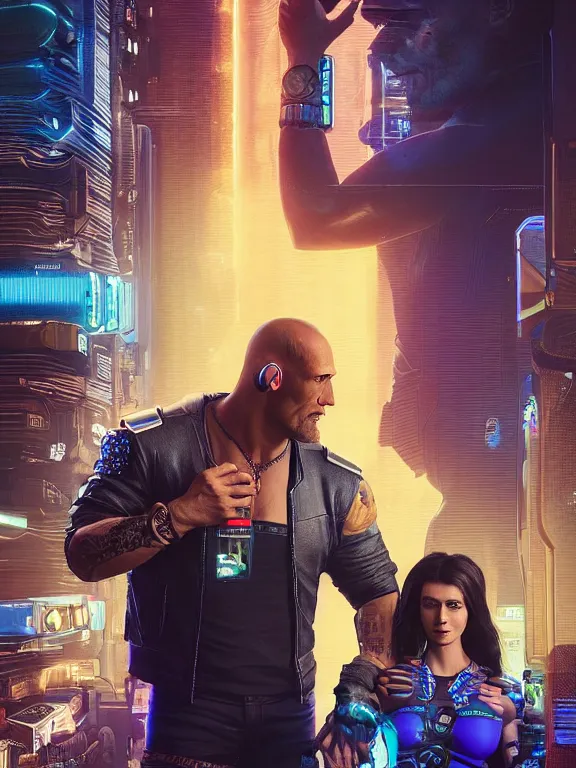 Image similar to a cyberpunk 2077 couple portrait of Dwayne Johnson holding a female android,complex mess of cables and wires behind them connected to giant computer,film lighting,by laurie greasley,Lawrence Alma-Tadema,William Morris,Dan Mumford, trending on atrstation,full of color,face enhance,sharp focus, highly detailed,8K, octane,golden ratio,cinematic lighting