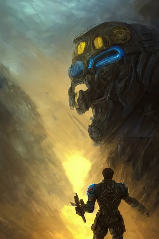 Image similar to a distant shot of a super soldier with blue and yellow flag and standing alone on a huge pile of human skulls as a winner, masculine figure, D&D, fantasy, bright hopeful atmosphere, volumetric lights, beam of bright light through the clouds, intricate, elegant, highly detailed, extremely detailed, digital painting, artstation, concept art, matte, smooth, sharp focus, hyper realistic, illustration, art by Artgerm and Greg Rutkowski and Alphonse Mucha