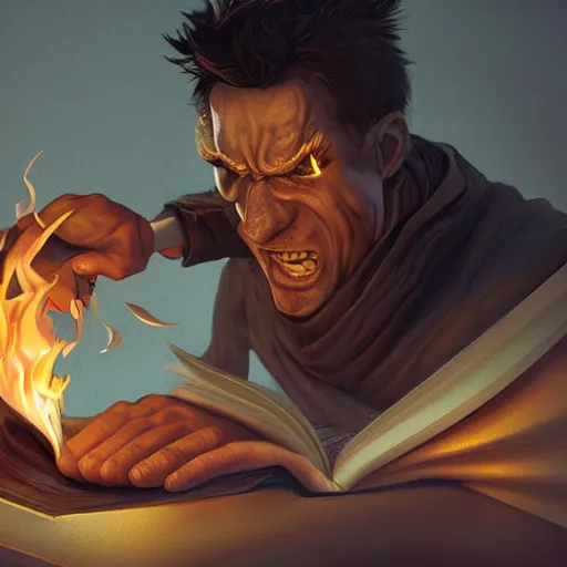 Prompt: digital artwork of angry reader using a flametorch against a book, action, intense, hyperdetailed, artstation, cgsociety, 8k