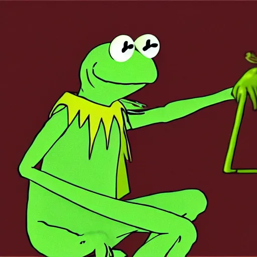 Image similar to Kermit the frog as an anime character, in the style of TV anime afro samurai, sitting near a river, Key Frame, Top rated of pixiv, High Detail, Medium Shot, Studio Bones, Dusk