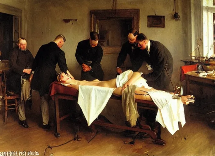 Prompt: anders zorn oil painting of instruction of autopsy surgery