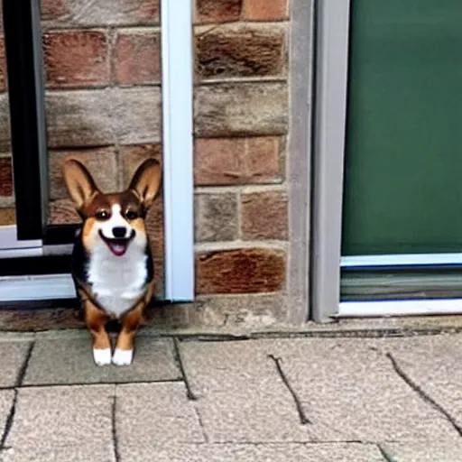 Image similar to front door security camera footage of a corgi mistaken as a delivery package