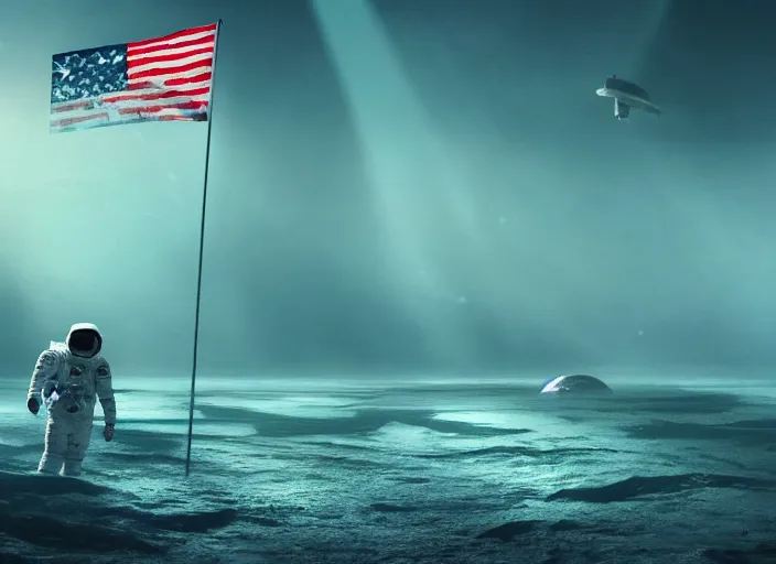 Image similar to astronaut holding a flag in an underwater desert. a submarine is visible in the distance. dark, concept art, cinematic, dramatic, atmospheric, 8 k, trending on artstation, blue, fish, low visibility, light rays, extremely coherent, fog, ocean floor, christopher nolan, interstellar