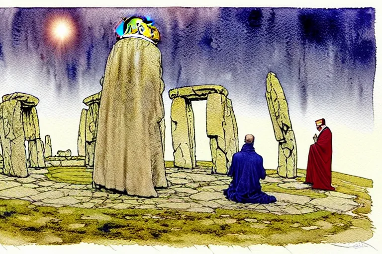 Image similar to a realistic and atmospheric watercolour fantasy concept art of a golden ufo landing on top of stonehenge. a giant medieval monk in grey robes on his knees praying. muted colors. by rebecca guay, michael kaluta, charles vess and jean moebius giraud