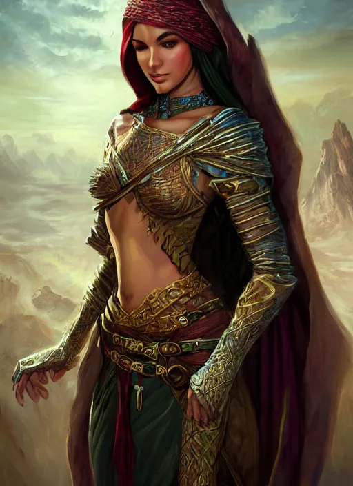 Image similar to arabian human female, ultra detailed fantasy, dndbeyond, bright, colourful, realistic, dnd character portrait, full body, pathfinder, pinterest, art by ralph horsley, dnd, rpg, lotr game design fanart by concept art, behance hd, artstation, deviantart, hdr render in unreal engine 5
