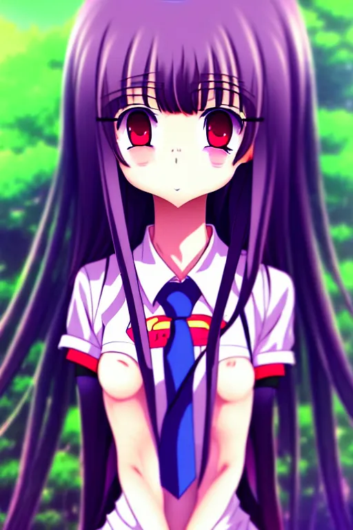 Prompt: full body anime portrait of a cute girl round eyes long hair dressed in a school uniform cinematic highly detailed 4 k neon anatomically correct