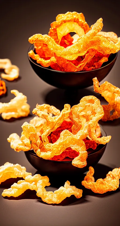 Image similar to Professional arrangement of pork rinds in a bowl on a table, surrounded by snack bags, hyper realistic, ultra detailed, cinematic, dynamic lighting, photorealistic, refined, intricate, digital art, digital painting, masterpiece, 8k