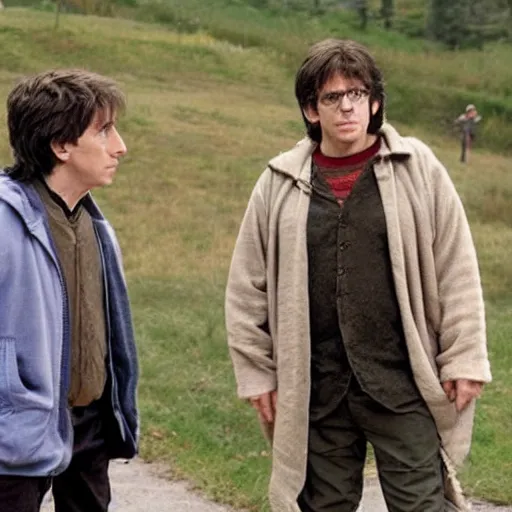 Image similar to Ben stiller as Harry Potter on running with hagrid