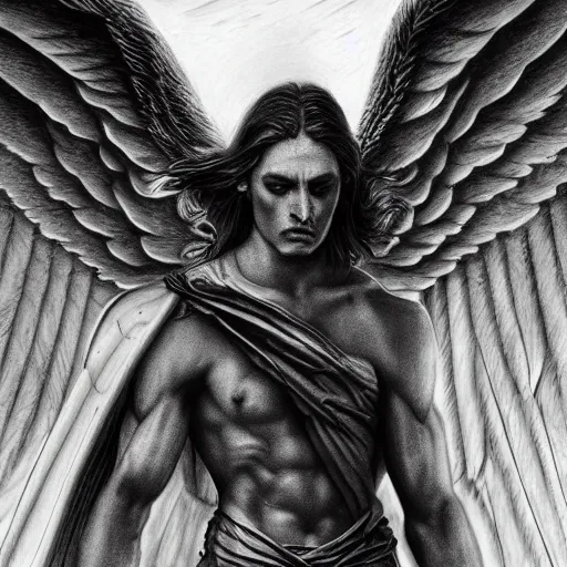 Prompt: mystical heroic angel standing over his fallen army in defeat, pencil drawing, hyper realistic, 4 k,