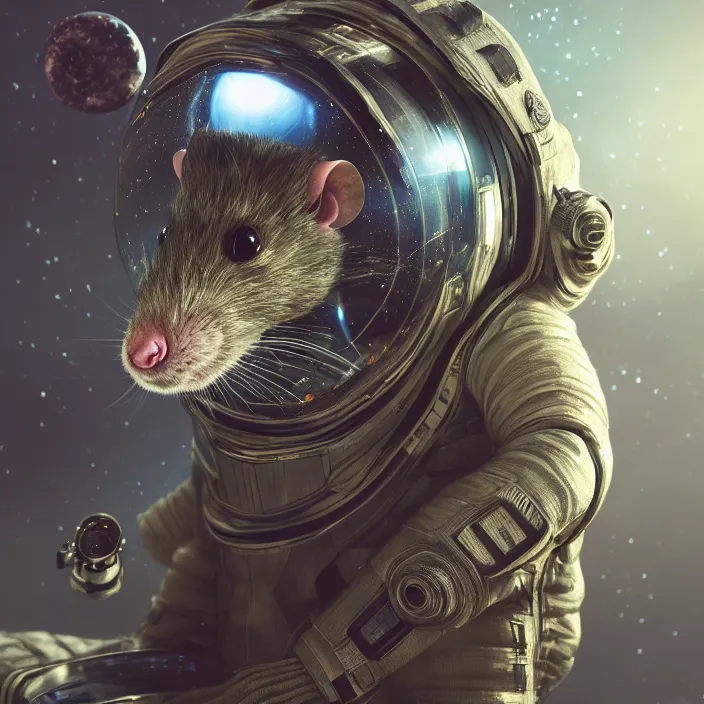 Prompt: very detailed portrait of a majestic rat, dressed in a spacesuit, sci - fi, futuristic, details, intricate, octane render, redshift, smooth, illustration, fairy lighting, stars and planets in the background, hyperrealistic, by dmitry prozorov, loish, and wlop, trending on artstation, hyperdetailed, hyperrealism