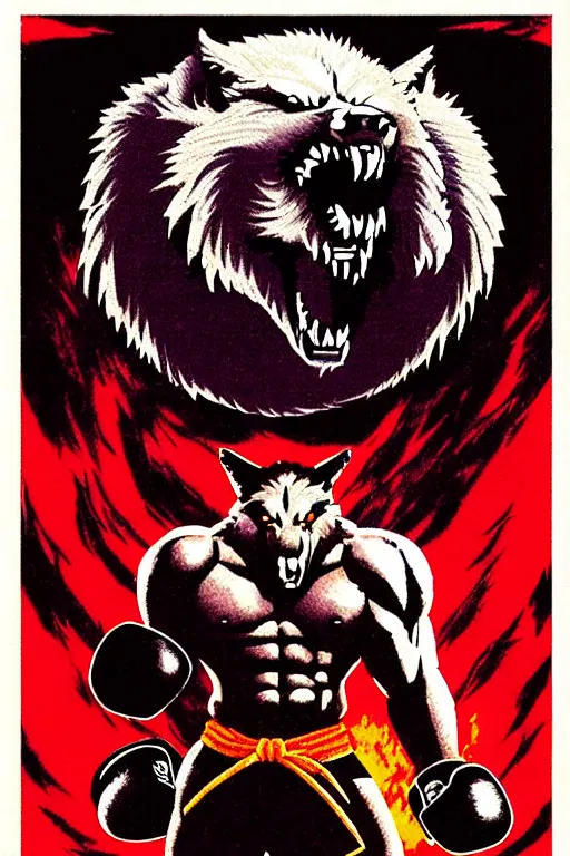 Image similar to extreme long shot. 8 bit nes graphics. antropomorphic muscular masculine wolf. kickboxer fighter, in shorts. wolf head. angry. fine details, very sharp, art from nes game cartridge, 8 0's, vhs artefacts, vaporwave style, marc simonetti and hermann nitsch and anish kapoor.