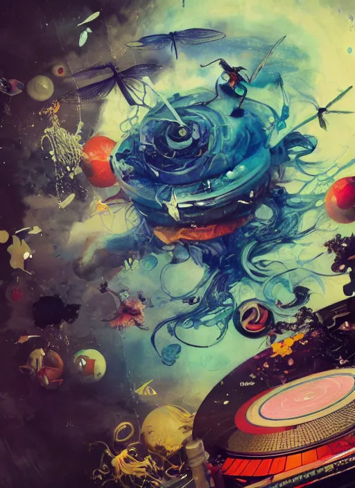 Image similar to surreal gouache painting, by yoshitaka amano, by ruan jia, by Conrad roset, by good smile company, detailed anime 3d render of a magical Dragonfly flying over a flying disco Vinyl, DJ Mixer, deck , controller, portrait, cgsociety, artstation, rococo mechanical and Digital and electronic, dieselpunk atmosphere