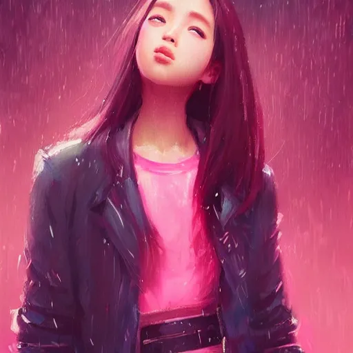 Prompt: “ a portrait of jisoo blackpink, rainy background, pink bright art masterpiece artstation. 8 k, sharp high quality artwork in style of jose daniel cabrera pena and greg rutkowski, concept art by tooth wu, hearthstone card game artwork. ”