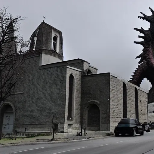 Prompt: the church of moigny sur ecole is being attacked by godzilla