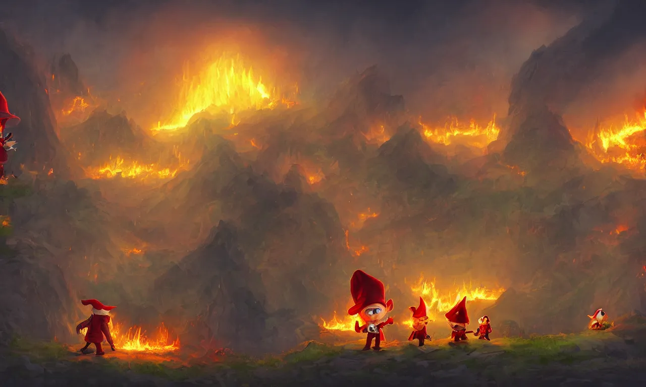 Prompt: landscape shot of a fantasy world on fire, on the right stands an innocent cartoony gnome man with a red hat, overalls and a white beard, he has a devastated expression, digital art, 4 k, cartoon, fantasy world, dramatic lighting