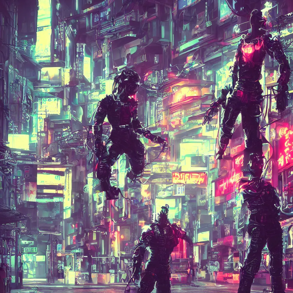 Prompt: sci-fi cyberpunk street samurai neon lights, fighter pose, inside fight cage, realistic, 8k, full body, katana, baggy clothes