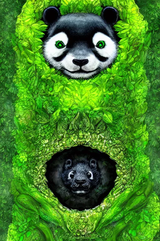 Image similar to a green moss panda, symmetrical, highly detailed, digital art, sharp focus, amber eyes, ferns, trending on art station