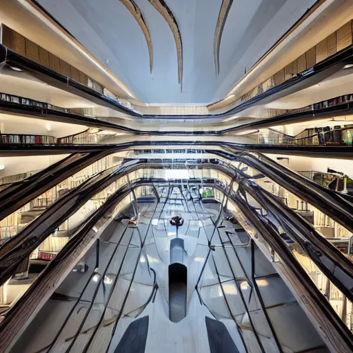 Prompt: the interior of a library designed by zaha hadid