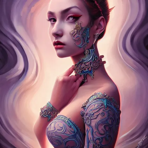 Prompt: symmetrical painting, a beautiful young female in dress, pretty, perfect face, elegant, ornate, luxury, elite, matte painting, by artgrem, by james jean, by ross tran - h 6 0 0