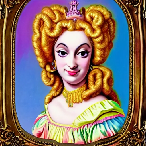 Prompt: baroque rococo pastel anthromorphic regal lamb princess Greg Hildebrandt Lisa frank portrait