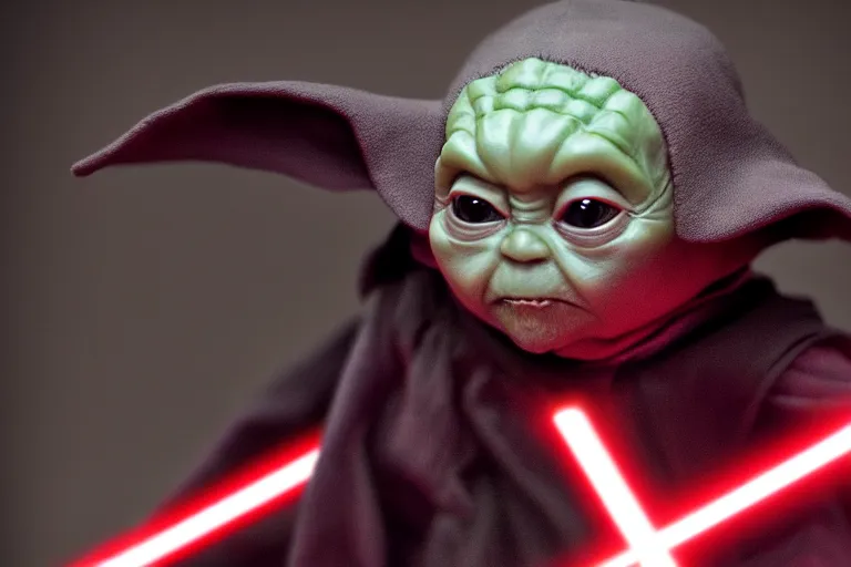 Prompt: Sith!! Baby Yoda!!, black robes, spot lit, closeup shallow depth of field, red glowing eyes