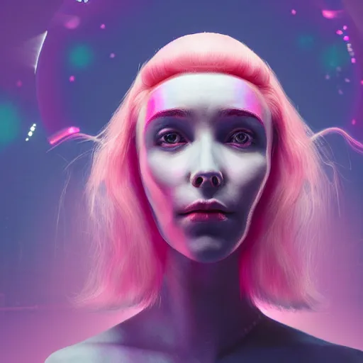 Prompt: a woman with pink hair and a mirror as her face, a hologram by mike winkelmann, cgsociety, neo - dada, futuristic, glitch art, 8 k 3 d