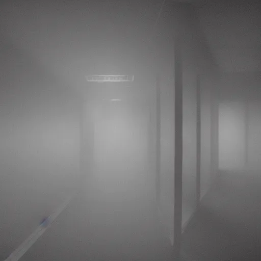 Prompt: the eerie halls of the scp foundation, unnerving mist, liminal, creatures lurking