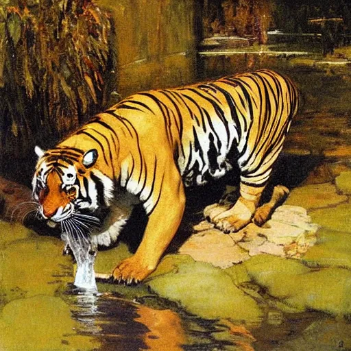 Prompt: a tiger drinks water from a pond by abbey edwin austin