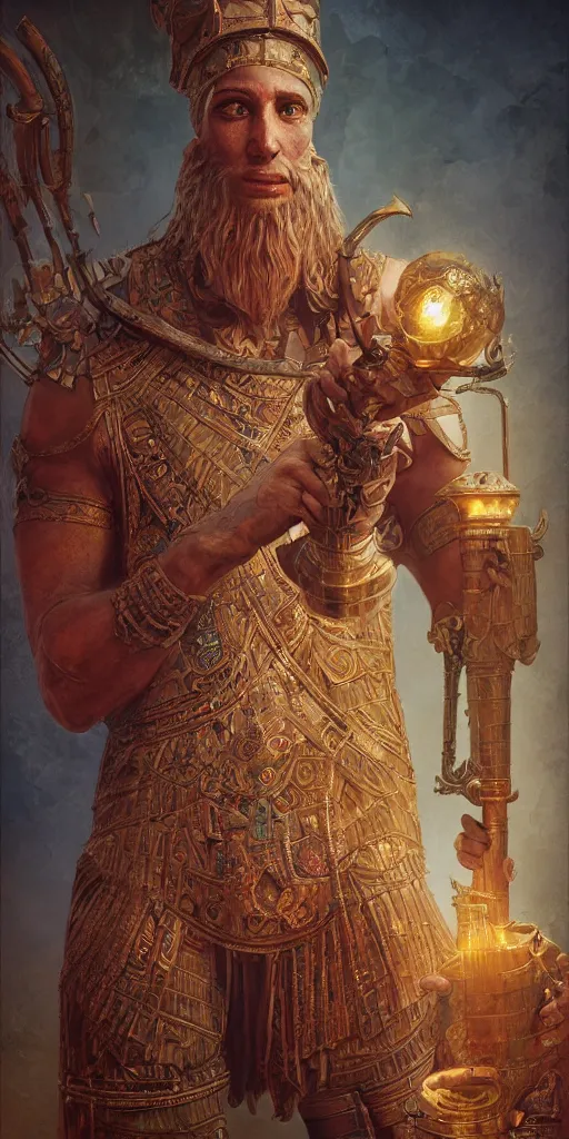 Prompt: Portrait of enlil sumerian god, holding a strobilus in his left hand, illustration, by James Jean, artgerm, octane render, by John Coltrane and Marc Simonetti, Manic, inspired by Greg rutkowski, colorful, high detail of the face, full body