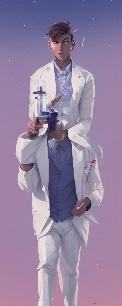 Image similar to tired and dissapointed emotionless butch young man scientist with short slicked - back hair, making an experiment - wearing white suit, wearing jetpack, digital art, rough paper, behance hd by jesper ejsing, by rhads, makoto shinkai and lois van baarle, ilya kuvshinov, rossdraws global illumination.