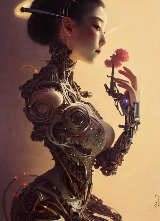 Image similar to organic cyborg, geisha, diffuse lighting, fantasy, intricate, elegant, highly detailed, lifelike, photorealistic, digital painting, artstation, illustration, concept art, smooth, sharp focus, art by John Collier and Albert Aublet and Krenz Cushart and Artem Demura and Alphonse Mucha