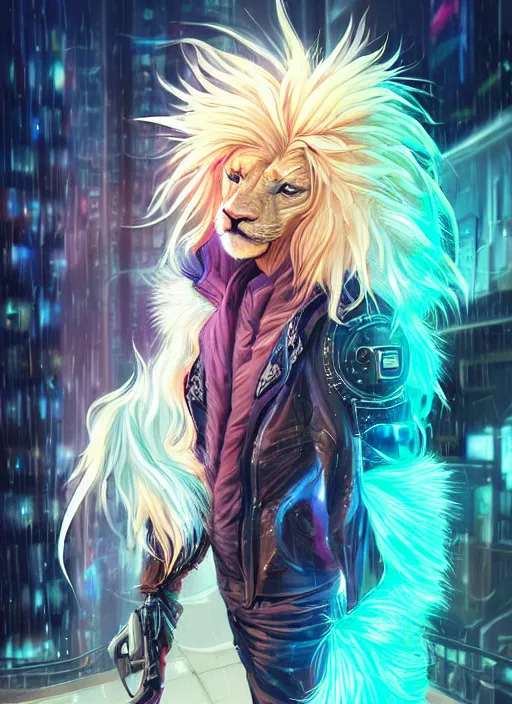 Prompt: esthetic portrait commission of a of a male muscular cyborg anthro albino lion with a neon metal tail and a cute beautiful attractive detailed furry face wearing stylish cyberpunk unkempt wired clothes in a cyberpunk city at sunset while it rains heavily. Character design by charlie bowater, ross tran, artgerm, and makoto shinkai, detailed, inked, western comic book art, 2021 award winning painting