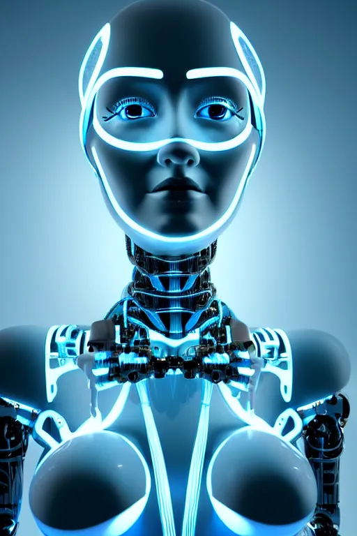 Image similar to a stunning robot woman with cybernetic enhancements, wires, led lights, glowing lights, futuristic, 3 d render