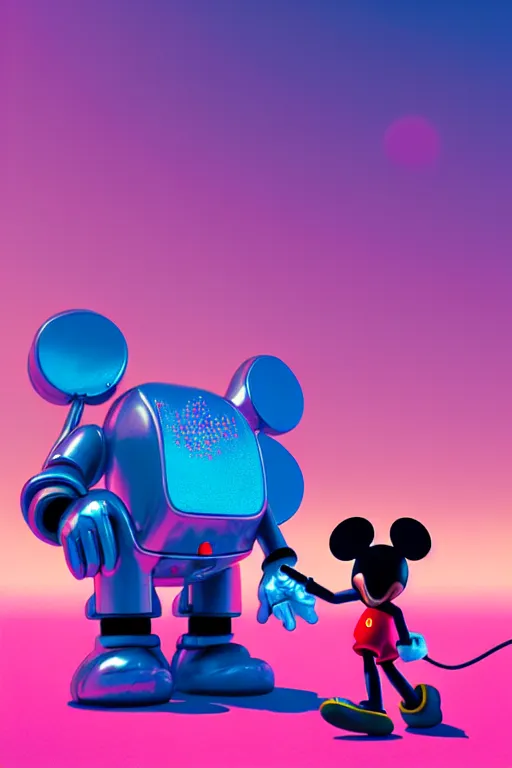 Image similar to a beeple painting of mickey mouse and a giant robot, by beeple in pink and blue colour, highly detailed, rendered in octane