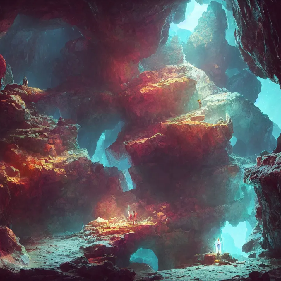 Image similar to a single crystal in a cave, colorful by greg rutkowski, painted by raymond swanland, digital art, octane render, 4k, unreal engine