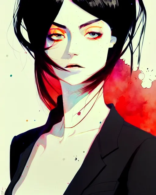 Image similar to a ultradetailed beautiful panting of a stylish woman wearing a shirt with a tie, she has black hair, by conrad roset, greg rutkowski and makoto shinkai, trending on artstation