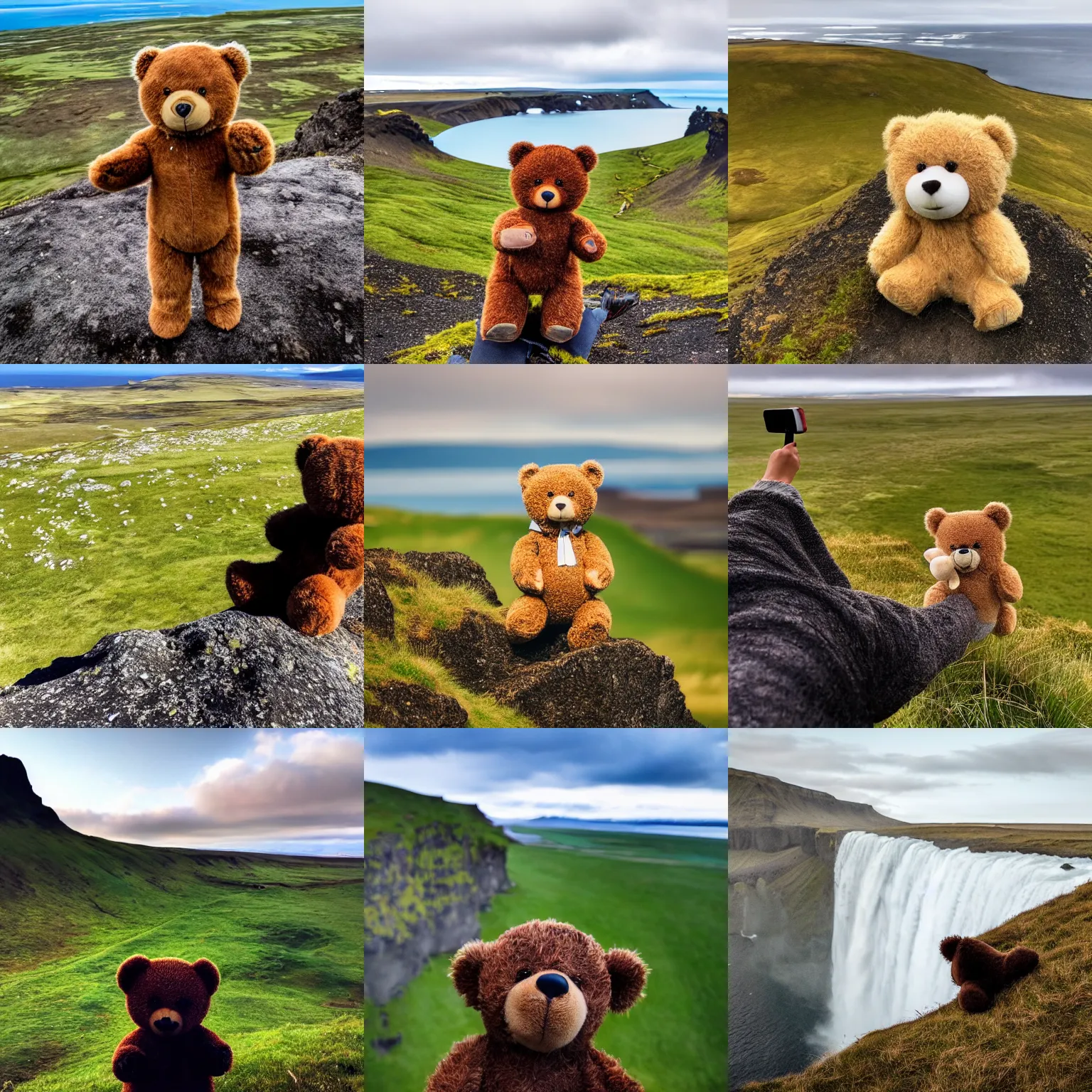 Prompt: a high - quality photograph of a teddy bear taking a selfie while standing over a cliff, overlooking a meadow in iceland