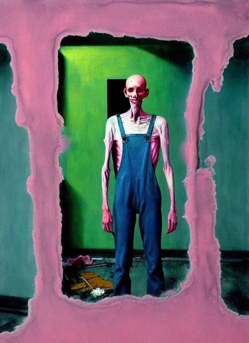 Prompt: a skinny, starving artist wearing overalls, painting the walls inside a deserted chernobyl chamber, hauntingly surreal, highly detailed painting by francis bacon, edward hopper, adrian ghenie, gerhard richter, and james jean, soft light 4 k in pink, green and blue colour palette, science fiction, highly detailed