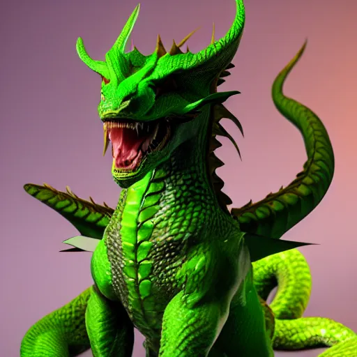 Image similar to green dragon, smiling, studio shot, volumetric lighting, 8 k, real life picture, realistic, hyperdetailed, no blur, shadows