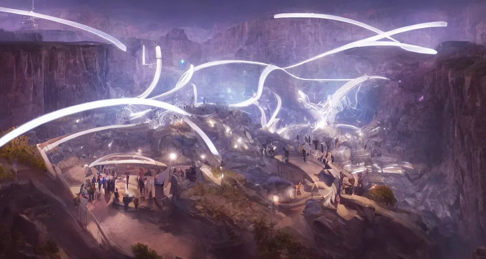 Image similar to night, a lot of people and a spiral - shaped white luminous attractor is floating in grand canyon, concept art, art for the game, professional lighting, art