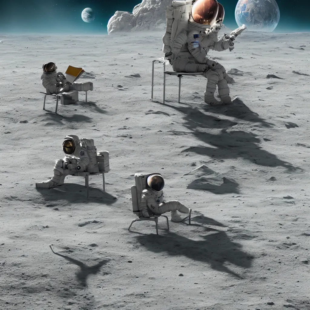 Image similar to hyper realistic matte painting of astronaut on the moon sitting on concrete bench, reading book facing planet earth above horizon, back lighting, highly detailed, trending on artstation, concept art, sharp focus, art by jan matejko