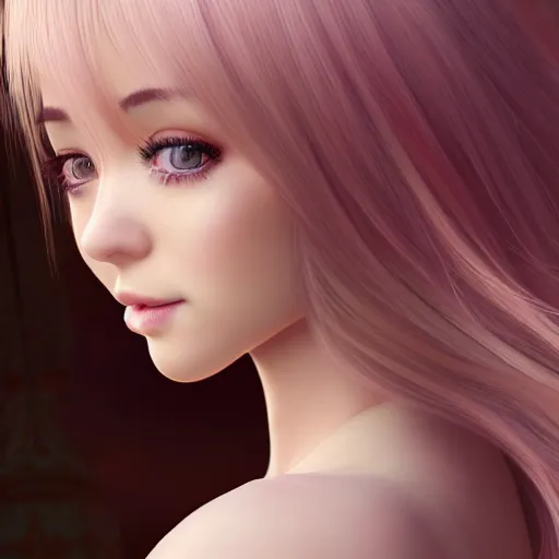 Image similar to beautiful intricate photograph of nikki from shining nikki dress - up game, a cute young woman, light pink hair, long hair with full bangs, full heart - shaped face, amber eye color, pale skin, light blush, chinese heritage,, smiling softly,, golden hour, soft focus, 8 k, hyperrealism, hyperdetailed