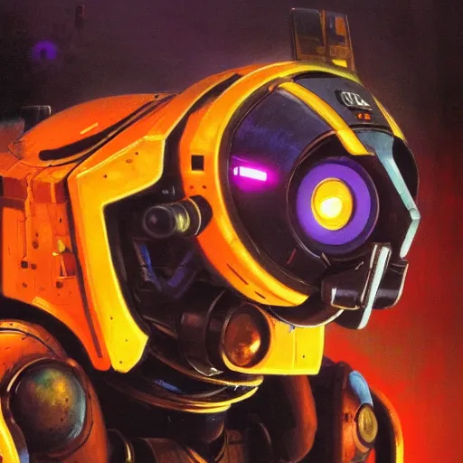 Prompt: a dark and colorful close - up of a sci - fi mecha dog robot with led lights glowing fog in the background. highly detailed science fiction painting by norman rockwell, frank frazetta, and syd mead. rich colors, high contrast, gloomy atmosphere, dark background. trending on artstation