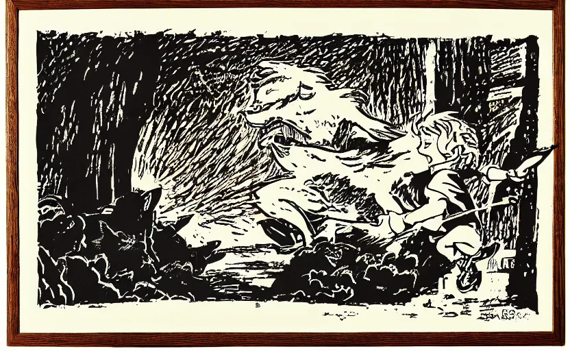 Image similar to a boy fighting a wolf on the edge of a clocktower, screen print