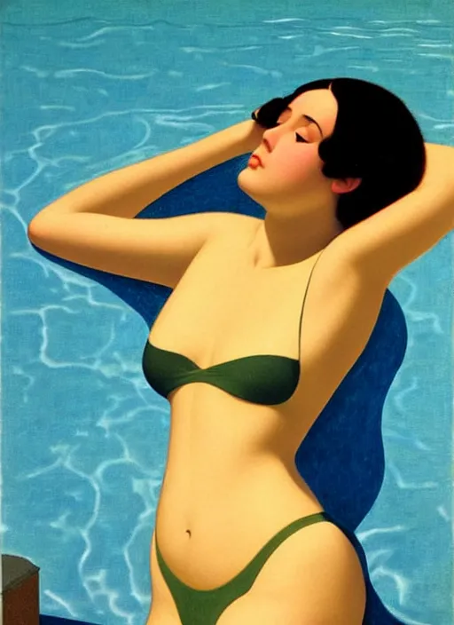 Image similar to portrait of a girl, in retro swimsuit, lying by the pool, minimalist oil painting by john godward, cheng, hsiao - ron, flat colors, beautiful lightning, sharp