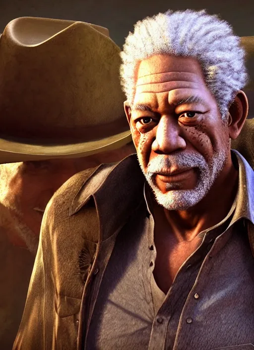 Image similar to an film still of morgan freeman as cowboy with beard, western background unreal engine. amazing likeness. very detailed.