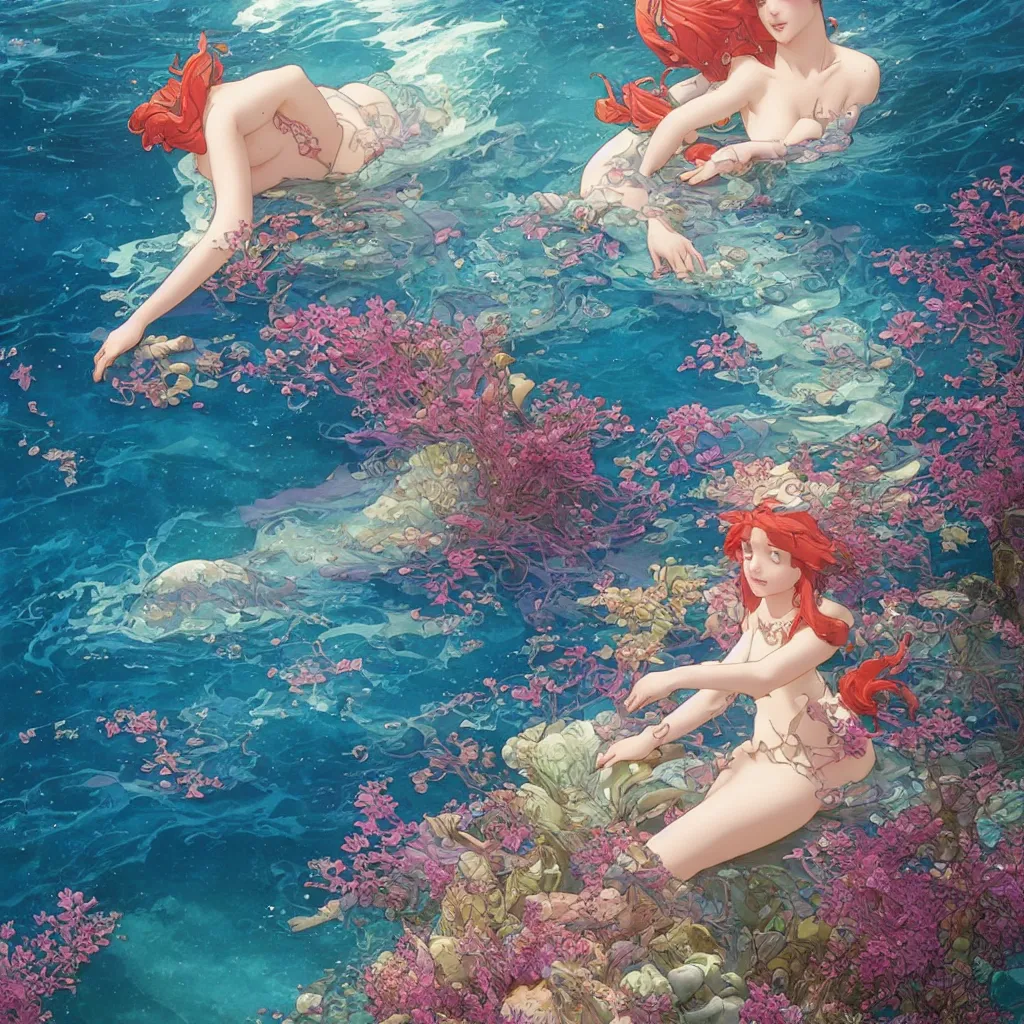 Image similar to the little mermaid sings in the colorful ocean, kamakura scenery, the feeling of summer, pearls and shells, fantasy art by ferdinand knab, makoto shinkai and ilya kuvshinov, rossdraws, tom bagshaw, alphonse mucha, trending onstudio ghibli, radiant light, highly detailed