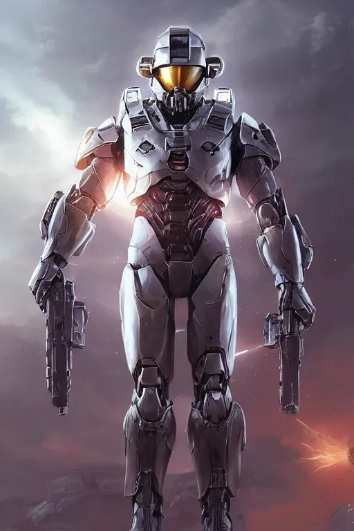 Prompt: portrait of master chief with a halo behind him, catholic religious art, sacred, halo, strong, imposing, biomechanical, by moebius and greg rutkowski and artgerm, octane render, trending on artstation