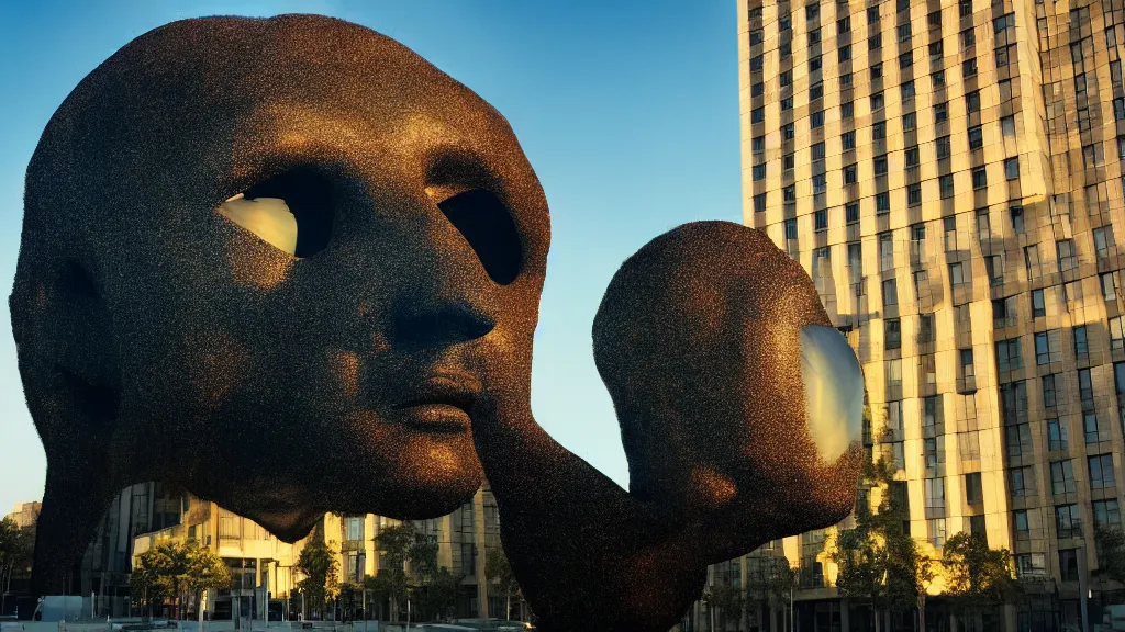 Image similar to the strange giant head at the office building, made of oil and water, film still from the movie directed by Denis Villeneuve with art direction by Salvador Dalí, golden hour